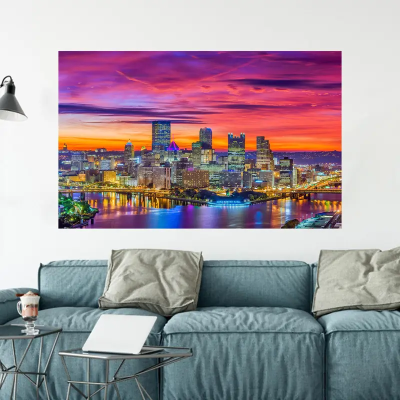 エレガントなプリントガラス: ピッツバーグの街並みと夕焼け空のデザイン