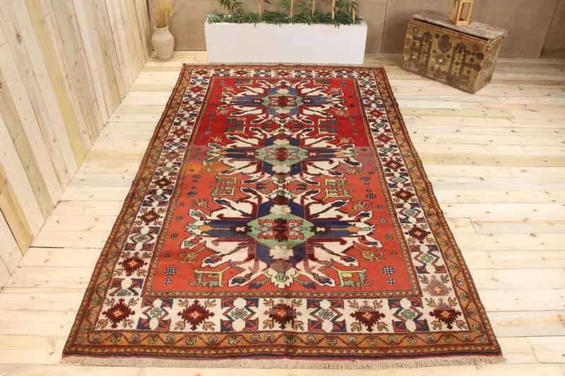 Handmade Red & Beige Rug, 5.4x10.8 ft Floral & Geometric