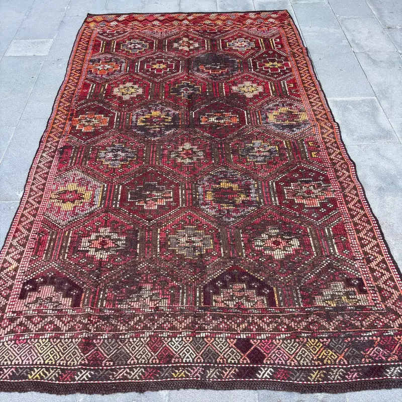 レッド&オレンジの幾何学模様のラグ、5.5x9.3フィートのシックな装飾