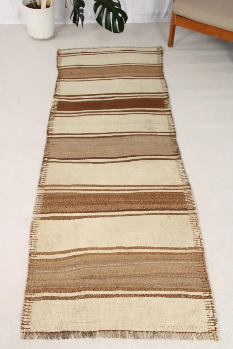 Kilim Halı, 2.7x8.4 ft Vintage Halı, Kahverengi Patchwork Halı Yün - 1