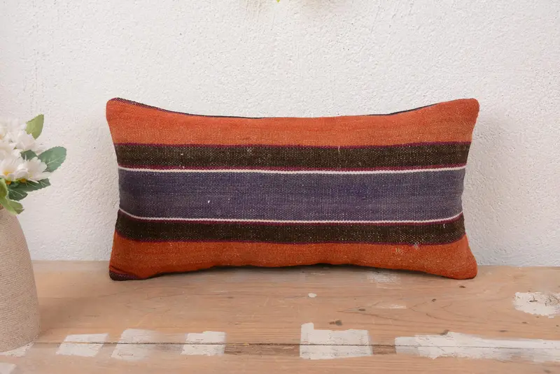 Orange & Purple Striped Throw Pillow, Vintage Embroidered Cushion