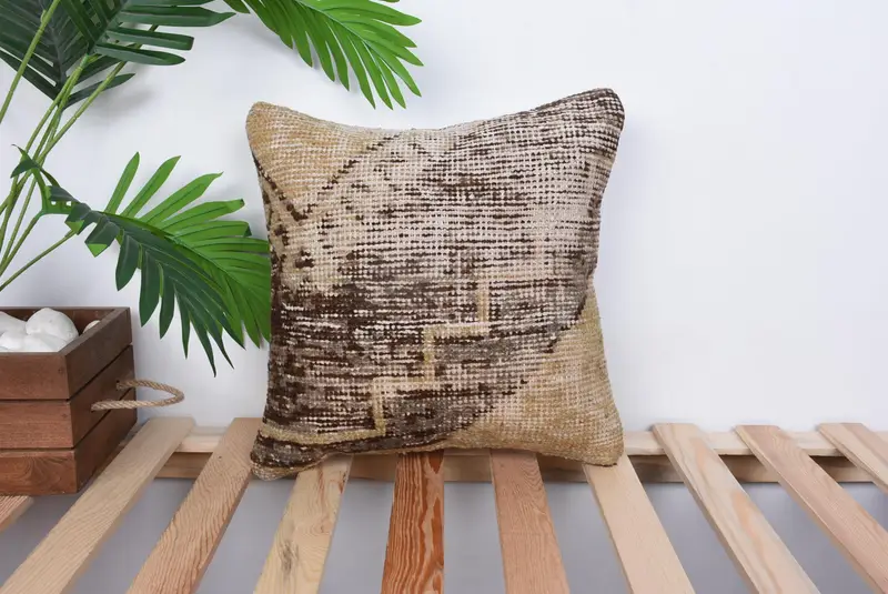 Kilim Pillow, Cushion Case, Handmade Kilim Cushion, Vintage Pillow, Handwoven Pillow Cover Pillow Sham, 14x14 Beige Cushion Case, Seat Pillow Cover - 1