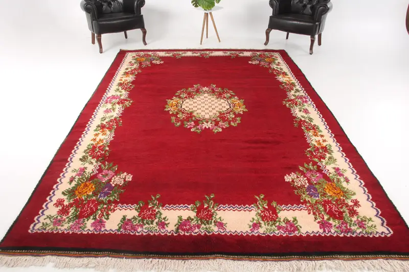 Turkish Vintage Oushak Rug 7.2x11.5 ft (218x351 cm), Red Striped Wool Rug - 1