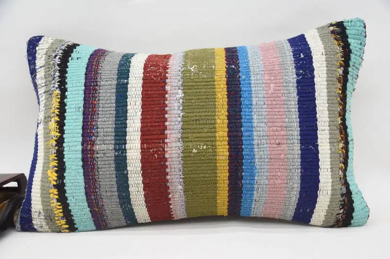 Rustic Turkish Moroccan Cushion Case, 12x20 inch Striped Blue Pillow Sham - 1