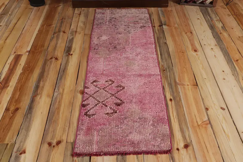 Vintage Rug, 1.8x5.6 ft Turkish Rug, Pink Brown Geometric Wool Rug - 1