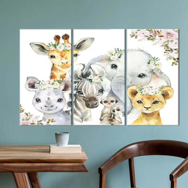 Cute Canvas Art, Jungle Animals Art, Giraffe, Elephant, Cute Zebra, Floral, Baby Room Decor, Trendy Canvas Decor, Modern Wall Art, , - 1