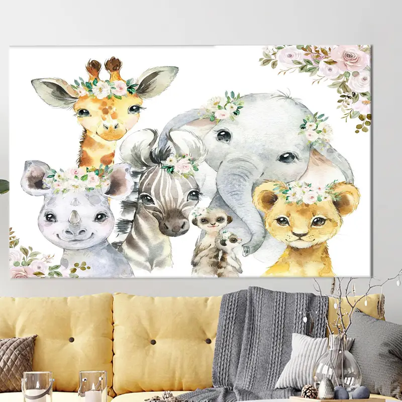 Cute Canvas Art, Jungle Animals Art, Giraffe, Elephant, Cute Zebra, Floral, Baby Room Decor, Trendy Canvas Decor, Modern Wall Art, , - 6