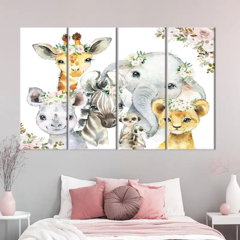 Cute Canvas Art, Jungle Animals Art, Giraffe, Elephant, Cute Zebra, Floral, Baby Room Decor, Trendy Canvas Decor, Modern Wall Art, , - 7