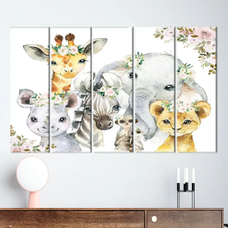 Cute Canvas Art, Jungle Animals Art, Giraffe, Elephant, Cute Zebra, Floral, Baby Room Decor, Trendy Canvas Decor, Modern Wall Art, , - 2