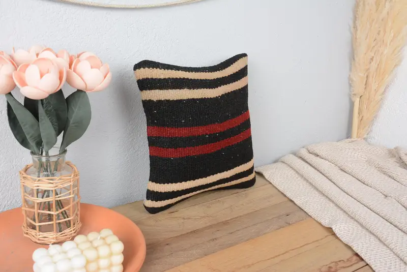 Almohada de tiro de rayas marrones y rojas, cojín vintage bordado