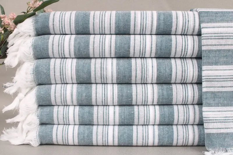 Personalized Petrol Blue Striped Towel, 40x71 Inches, Handwoven Turkish Cotton