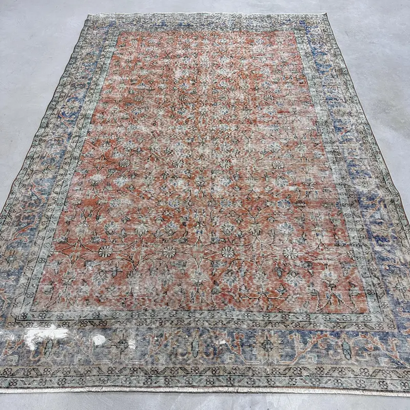 Turkish Vintage Large Rug 6.6x10.3 ft, Brown Blue Floral Wool Rug - 1