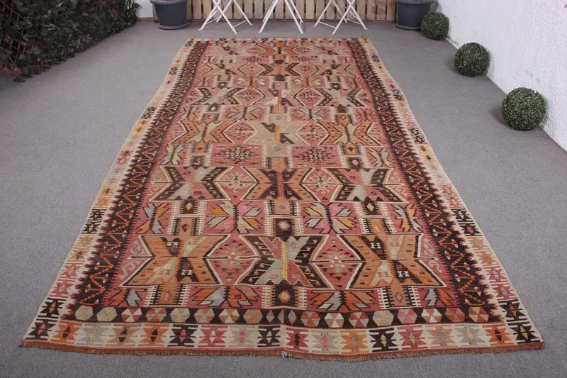 Handmade Red Rug, 5.7x11.6 ft Bordered Design