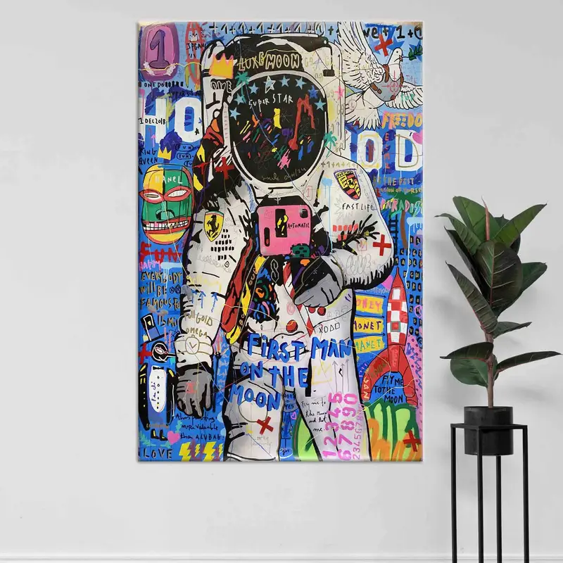 バンクシー宇宙飛行士ウォールアート、ボーイルームの装飾、バンクシーアートワーク、大きな壁アート、宇宙飛行士愛好家のギフト、宇宙船の壁アート、マン洞窟壁の装飾、 - 4