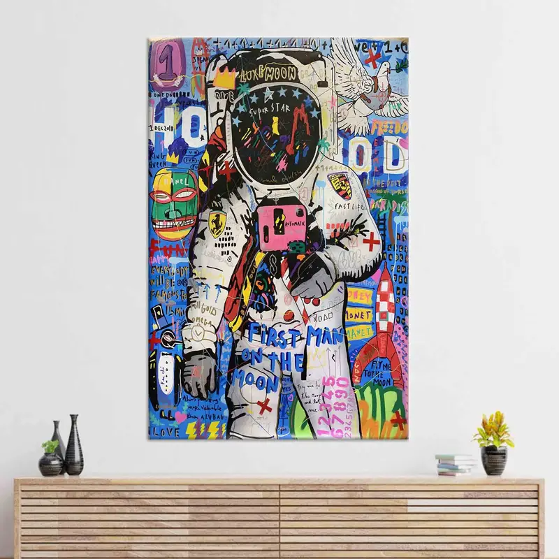バンクシー宇宙飛行士ウォールアート、ボーイルームの装飾、バンクシーアートワーク、大きな壁アート、宇宙飛行士愛好家のギフト、宇宙船の壁アート、マン洞窟壁の装飾、 - 3