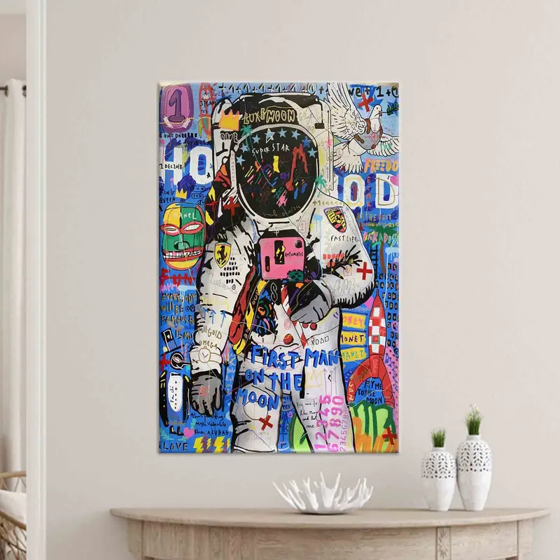 バンクシー宇宙飛行士ウォールアート、ボーイルームの装飾、バンクシーアートワーク、大きな壁アート、宇宙飛行士愛好家のギフト、宇宙船の壁アート、マン洞窟壁の装飾、 - 2
