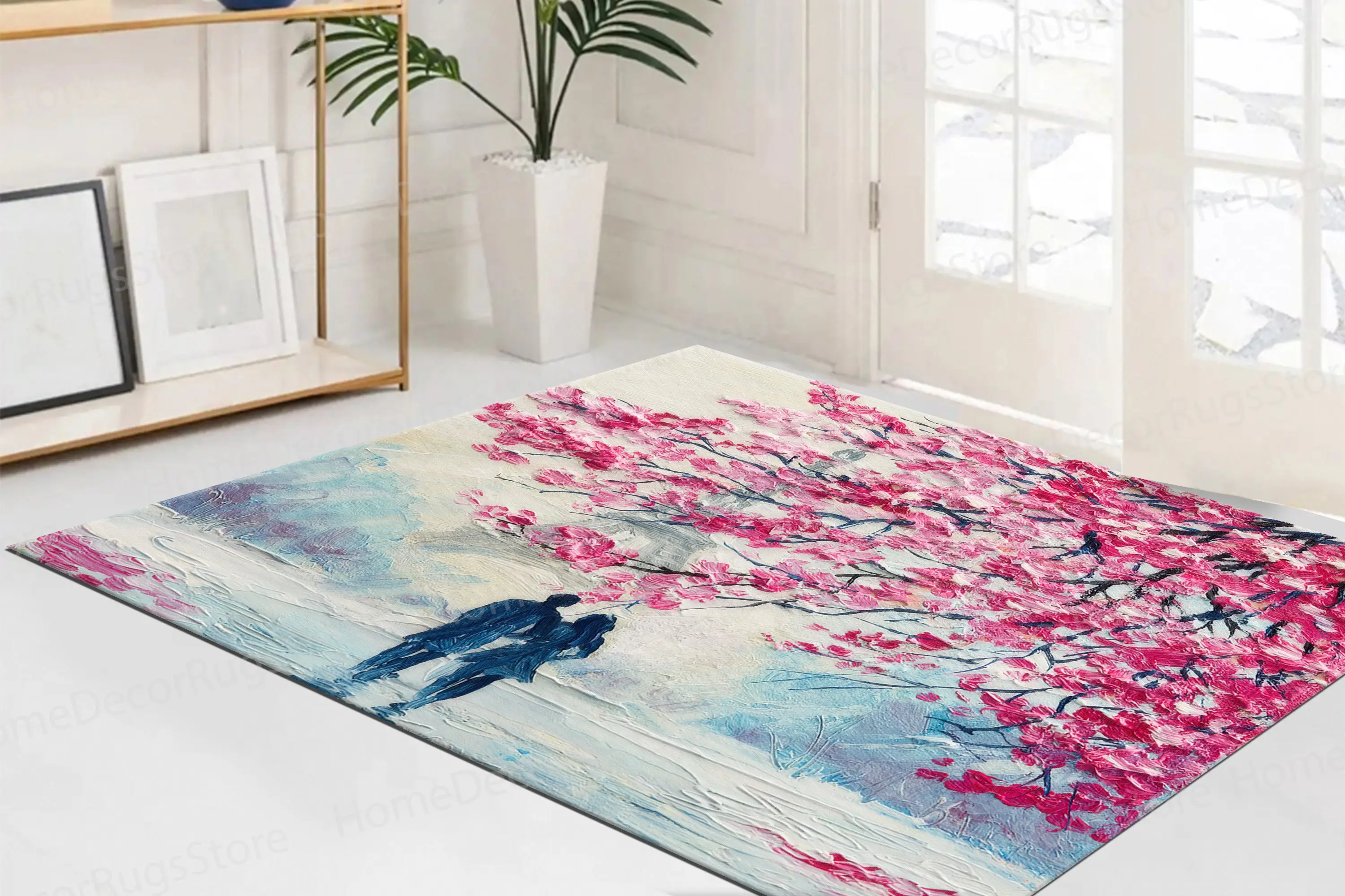 Pink Leaves Eiffel Tower Printed Rug - Contemporary Valentine's Gift - 1