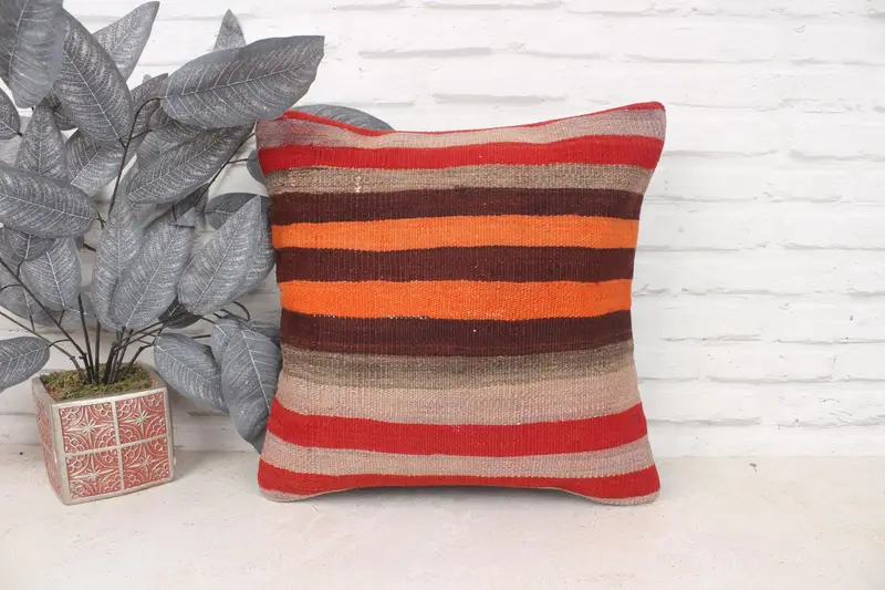 Antique Pillows, Kilim Cushion Sham, Home Decor Pillow, 16x16 Orange Pillow Cover, Bohemian Cushion Pillow, Pillow Case - 1