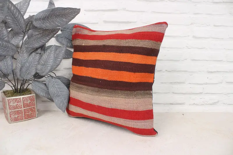 Antique Pillows, Kilim Cushion Sham, Home Decor Pillow, 16x16 Orange Pillow Cover, Bohemian Cushion Pillow, Pillow Case - 4