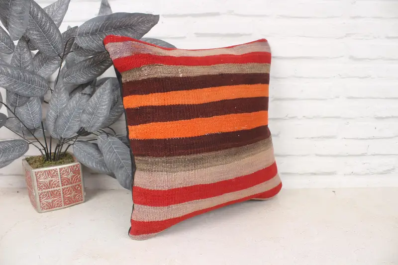 Antique Pillows, Kilim Cushion Sham, Home Decor Pillow, 16x16 Orange Pillow Cover, Bohemian Cushion Pillow, Pillow Case - 3