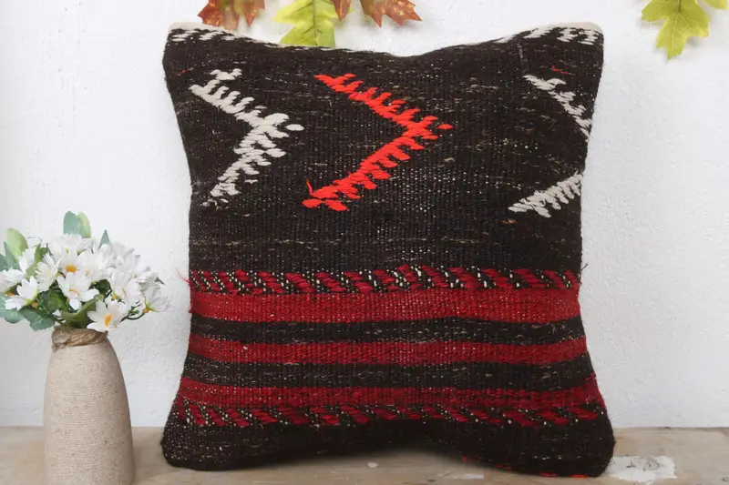Ethnical Kilim Rug Pillow, Antique Pillows, 16x16 Brown Cushion Case, Throw Kilim Pillow, Seat Pillow Case, Ethnic Cushion, Cushion - 2