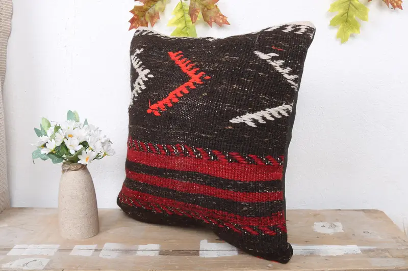 Ethnical Kilim Rug Pillow, Antique Pillows, 16x16 Brown Cushion Case, Throw Kilim Pillow, Seat Pillow Case, Ethnic Cushion, Cushion - 4