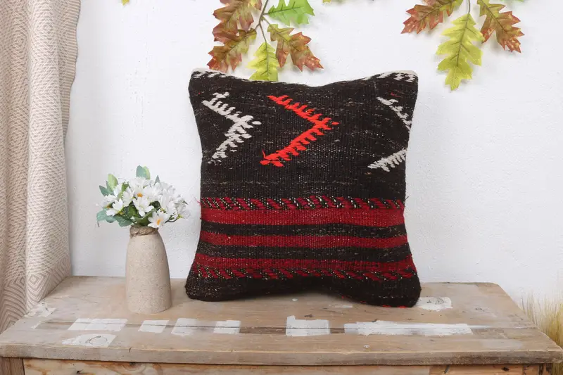 Ethnical Kilim Rug Pillow, Antique Pillows, 16x16 Brown Cushion Case, Throw Kilim Pillow, Seat Pillow Case, Ethnic Cushion, Cushion - 1