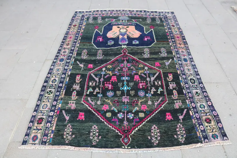 Vintage 4.9x6.8 ft Rug, Oushak Turkish Rug, Green Oriental Wool Rug - 1