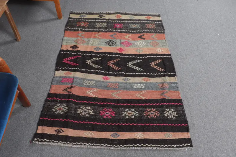 ブラウン & オレンジ ラグ、3x5 フィート 花柄 & 幾何学模様