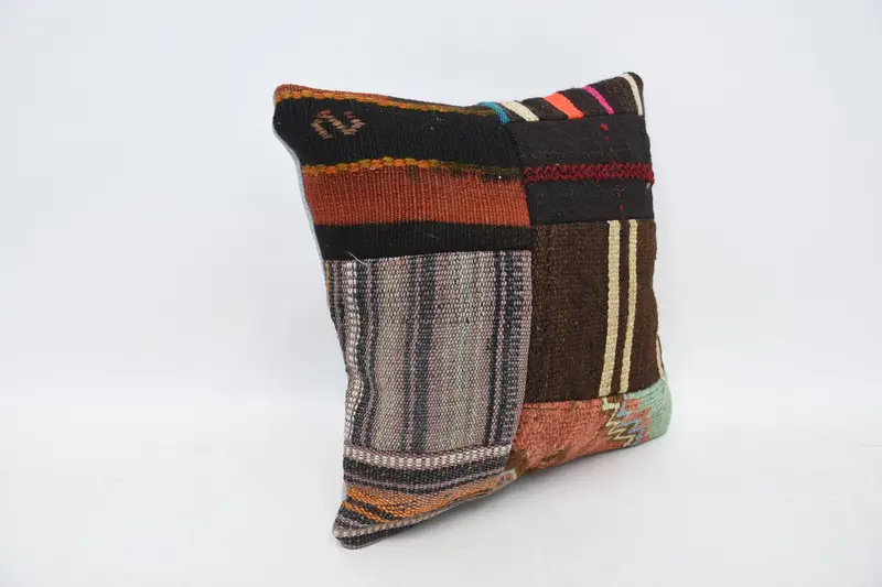 Turkish Pillow, Kilim Rug Pillow Cover, Pillow Cover, Outdoor Throw Pillow Sham, 14x14 Brown Pillow Case, Handmade Kilim Cushion, Antique Pillows - 3