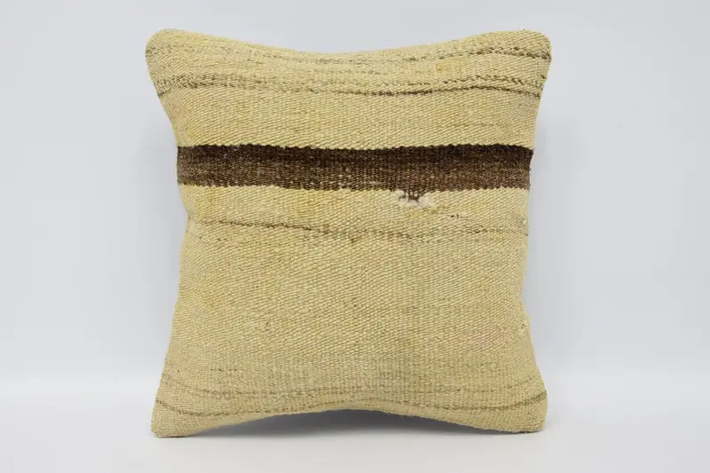 Wool Turkish Cushion Cover, Christmas Gift Beige Striped Moroccan Cushion - 1