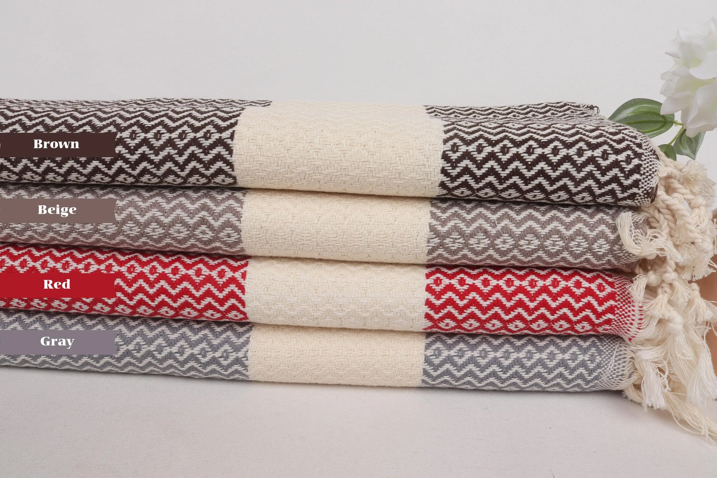 Zigzag Tea Towel Turkish Cotton Hand Towel, Beige, 0x0 Inches - 1