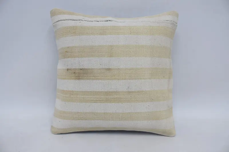 Striped Throw Moroccan Pillow, Small Square 36x36 cm Beige Cushion Cover - 1