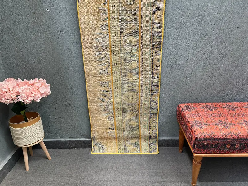 Vintage Runner Rug, 1.9x6.4 ft Turkish Rug, Yellow Floral Wool Rug - 1