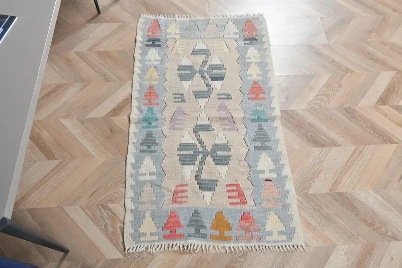 Vintage Türk Halısı 2,2x3,8 ft (67x115 cm), Kilim Mavi Patchwork Halı - 1