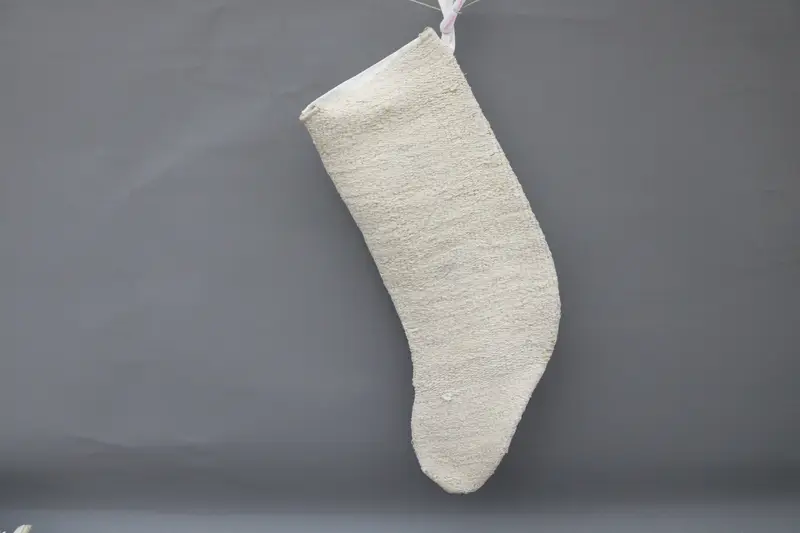Beige Christmas Stocking with White Ornaments, Festive Holiday Stocking
