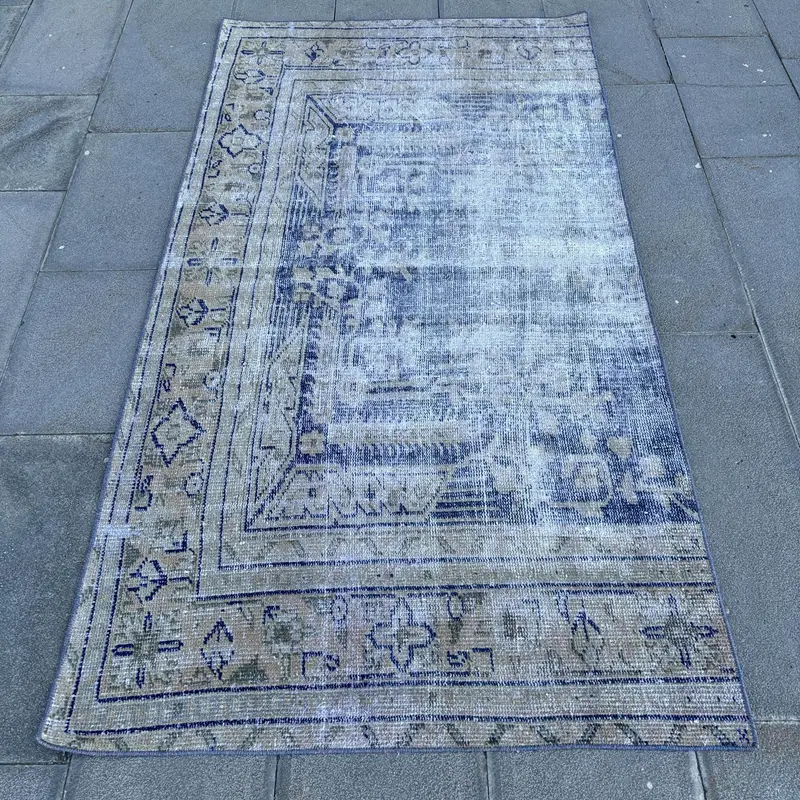 Mavi İkat Halı, Yeşil Desenli 3,4x6,5 ft