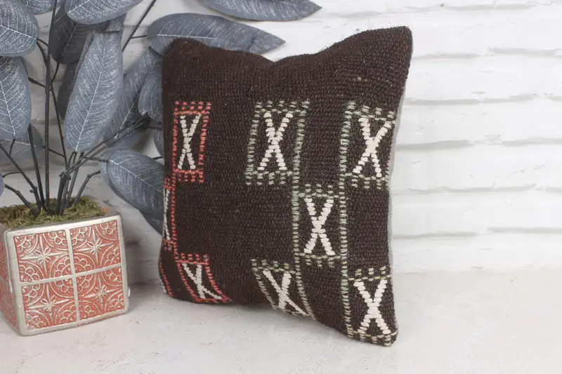 12x12 Brown Pillow Case, Bolster Throw Pillow Case, Kilim Pillow Cover, Vintage Pillow, Pillow Case, Boho Pillow, Bright Pillow Sham - 3