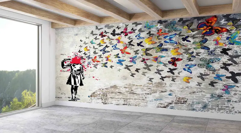 Basılı Duvar Kağıdı: Banksy'den Esinlenen Kelebek Grafiti Sanatı