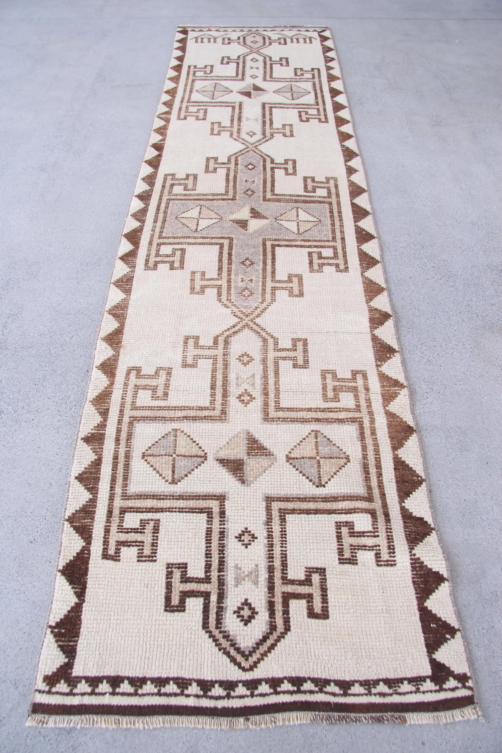 Turkish 3x11.7 ft Rug, Runner Vintage Rug, White Camouflage Wool Rug - 1