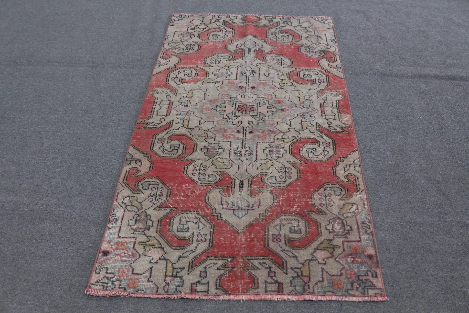 Vintage Turkish Accent Rug 3.37x6.1 ft (103x187 cm), Red Oriental Rug - 1
