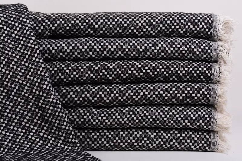 Turkish Bedspread Herringbone Blanket Black and Beige, Organic Cotton, 56x79 Inches