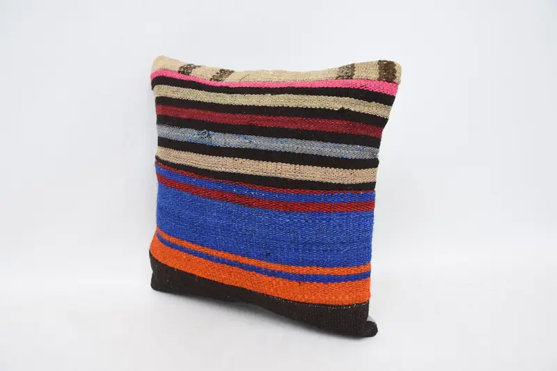 Art Deco Pillow Sham, Turkish Kilim Pillow, 14x14 Blue Cushion, Armchair Pillow, Ikat Pillow Sham, Boho Pillow, Cushion Case, Vintage Pillow - 4