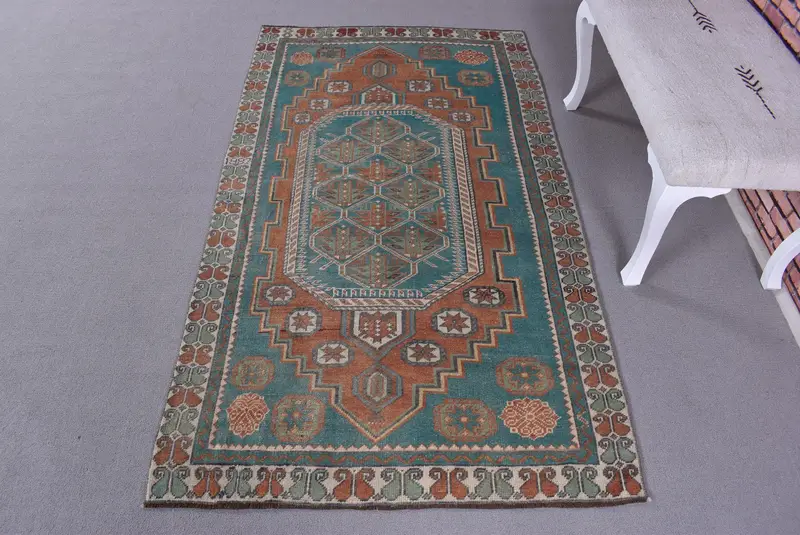 Turuncu Desenli Mavi Halı, 2,9x6,3 ft Zarif Dekor