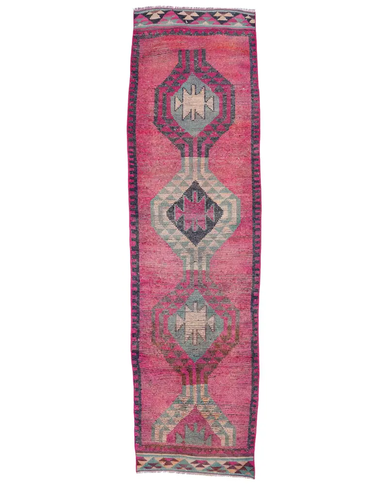 ピンク & ブルーの抽象的なラグ、3x11.6 フィートのシックな追加