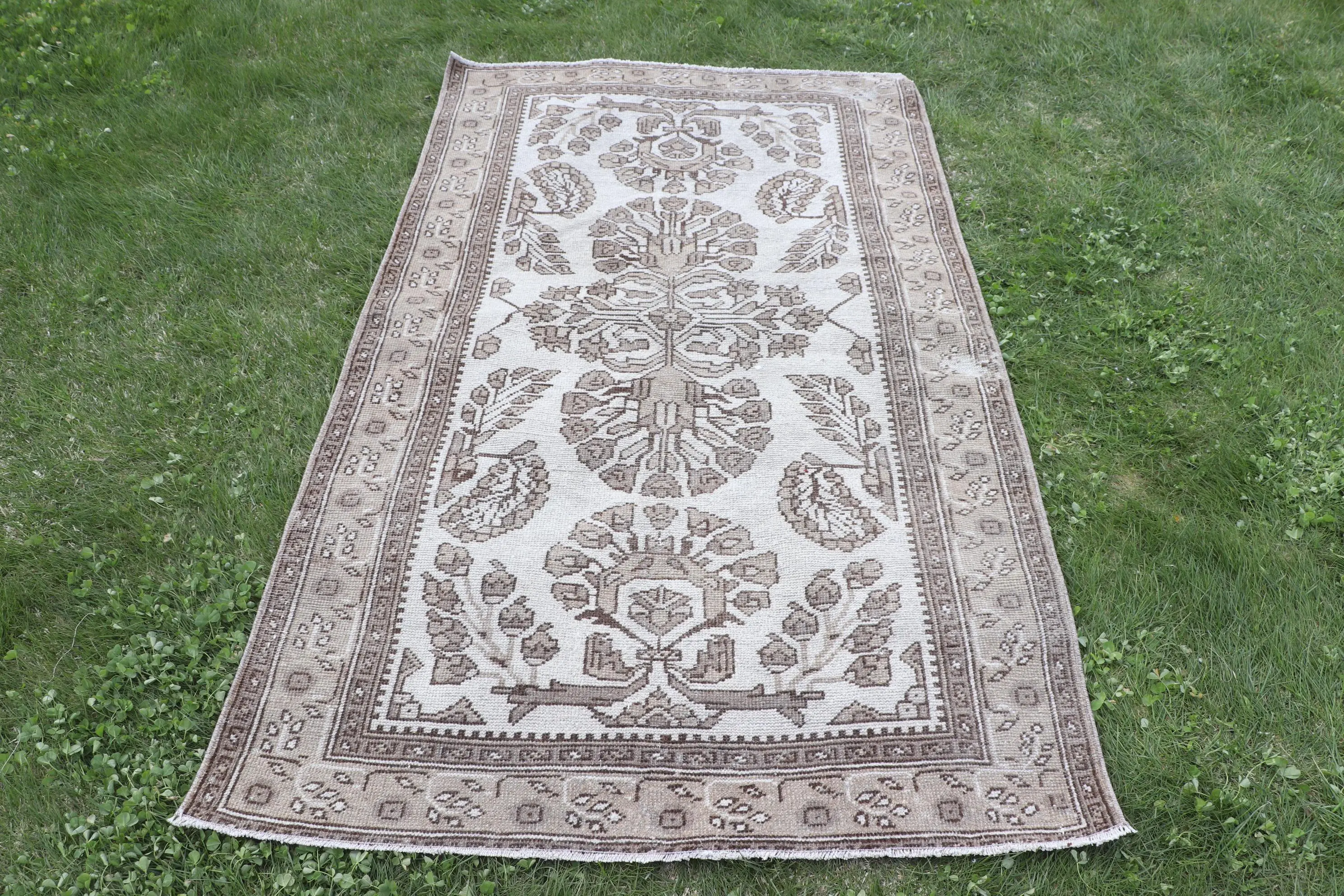 Türk Vurgulu Halı 3,7x6,2 ft (112x189 cm), Vintage Kahverengi Çizgili Yün Halı - 1