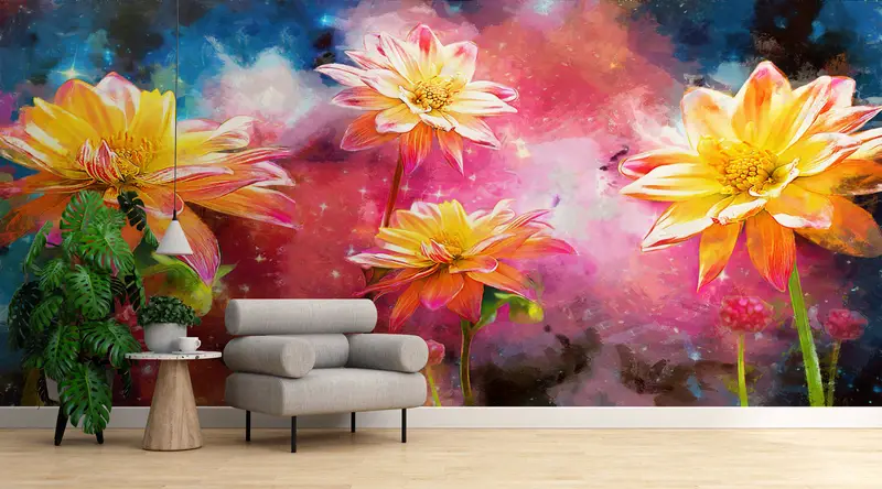 Wall Paper Peel and Stick,Modern Wall Art,Bright Wall Paper,Yellow Flower Painting,Custom Wall Paper,Abstract Wall Painting, - 4