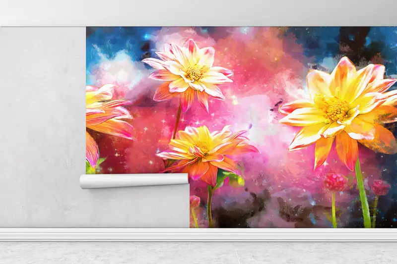 Wall Paper Peel and Stick,Modern Wall Art,Bright Wall Paper,Yellow Flower Painting,Custom Wall Paper,Abstract Wall Painting, - 1