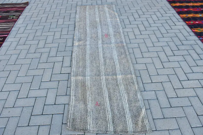 2.4x8.2 ft Halı, Vintage Türk Halısı, Gri Beyaz Kamuflaj Yün Halı - 1