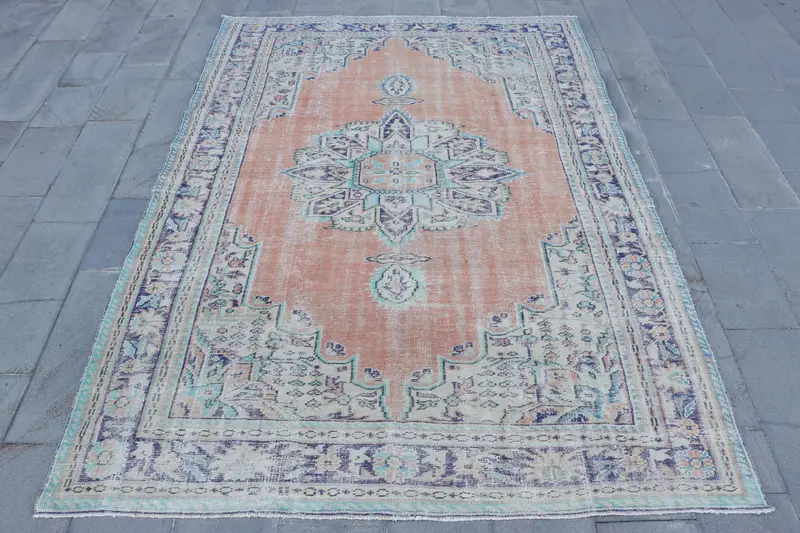 7.1x9.9 ft Rug, Vintage Turkish Oversize Rug, Blue Oushak Wool Rug - 1